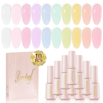 Picture of Larvall Beautpal Pastel Jelly Gel Nail Polish Set Spring Summer Milky Gel Polish Kit Semi-transparent Purple Pink Blue Green Yellow Soak Off UV Gel Polish 7ML 10PCS