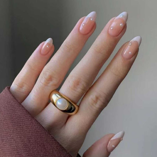 Picture of DANMANR Square Press on Nails Short Fake Nails French Acrylic Full Cover False Nails for Women and Girls 24PCS (White Pearl)