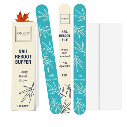 Picture of Onsen Japanese Nail Shape & Shine Kit | 3-Way Nail Buffer Block w/ 2 Extra Pads & 6-Pack Professional Nail File 120/180 Grit for Natural and Acrylic Nails | Shape and Shine Series - Super Value Bundle