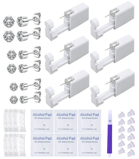 Picture of VitaCool Ear Piercing Kit Disposable Ear Cartilage Piercing Gun Kit with Sterile Multi-sized CZ Studs Easy and Safe Earring Self Piercing Kit for Yourself Use at Home (Style D-CZ-2/3/4mm+)