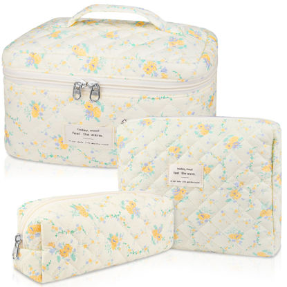 Picture of Makeup Bag Set, Quilted Makeup Bag, Large Floral Cosmetic Bag for Women, Cute Cotton Makeup Bag, Flower Travel Toiletry Organizer Bag (Yellow Daylily)