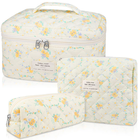 Picture of Makeup Bag Set, Quilted Makeup Bag, Large Floral Cosmetic Bag for Women, Cute Cotton Makeup Bag, Flower Travel Toiletry Organizer Bag (Yellow Daylily)