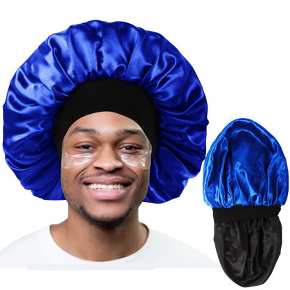 Picture of Bonnet for Men,Hair Bonnet for Sleeping,Double Layer Satin Bonnets for Black Women Curly Hair Braids,Reversible Sleep Cap (Large,Black/Royal Blue)