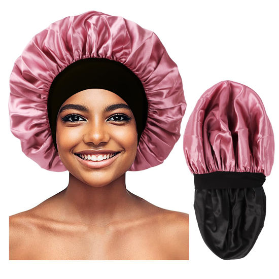 Picture of Bonnet for Men,Hair Bonnet for Sleeping,Double Layer Satin Bonnets for Black Women Curly Hair Braids,Reversible Sleep Cap (Large,Black/Rose Gold)