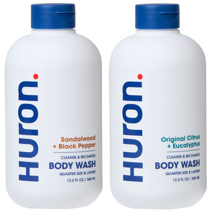 Picture of Huron Body Wash Scent Duo - Citrus + Eucalyptus & Sandalwood + Black Pepper Scents - Men’s Body Wash - Made With Coconut Oil, Vitamin E & Witch Hazel - Vegan, Cruelty-Free - 2 Pack, 12.2 fl oz