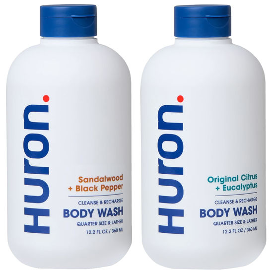Picture of Huron Body Wash Scent Duo - Citrus + Eucalyptus & Sandalwood + Black Pepper Scents - Men’s Body Wash - Made With Coconut Oil, Vitamin E & Witch Hazel - Vegan, Cruelty-Free - 2 Pack, 12.2 fl oz