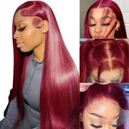 Picture of bunGiol 13x6 99j Burgundy Lace Front Wigs Human Hair Pre Plucked HD Straight Lace Front Wigs Human hair 24 Inch Glueless Red Wig Wine Red Colored Lace Front Wigs For Women 180 Density