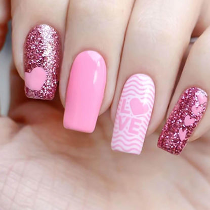 Picture of RUOKEXIN Valentine Press on Nails Medium Square Fake Nails Pink False Nails with Heart Designs Glitter Full Cover Glue on Nails Sparkly Artificial Nails Cute Stick on Nails for Women 24Pcs