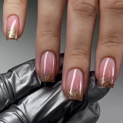 Picture of RUOKEXIN Medium Square Press on Nails French Tip Fake Nails Gold Glitter False Nails with Designs Pink Full Cover Glue on Nails Sparkly Artificial Nails Cute Stick on Nails for Women 24Pcs