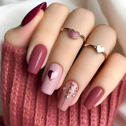 Picture of RUOKEXIN Coffin Press on Nails Medium Fake Nails Red False Nails with Glitter Heart Designs Fall Nail Press ons Glossy Artificial Nails Full Cover Glue on Nails Cute Stick on Nails for Women 24Pcs