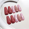 Picture of RUOKEXIN Coffin Press on Nails Medium Fake Nails Red False Nails with Glitter Heart Designs Fall Nail Press ons Glossy Artificial Nails Full Cover Glue on Nails Cute Stick on Nails for Women 24Pcs