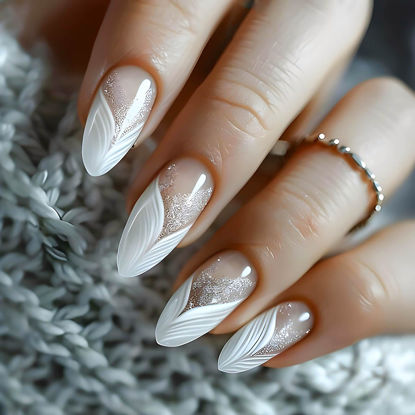 Picture of RUOKEXIN Almond Press on Nails White French Tip Fake Nails Medium False Nails with Silver Glitter Designs Almond Nail Press ons Nude Full Cover Glue on Nails Cute Stick on Nails for Women 24Pcs