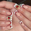 Picture of RUOKEXIN Coffin Press on Nails White French Tip Glue on Nails Short Fake Nails Thick False Nails with Red Heart Rhinestones Designs Glossy Artificial Nails Natural Stick on Nails for Women 24Pcs