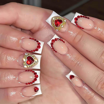 Picture of RUOKEXIN Coffin Press on Nails White French Tip Glue on Nails Short Fake Nails Thick False Nails with Red Heart Rhinestones Designs Glossy Artificial Nails Natural Stick on Nails for Women 24Pcs