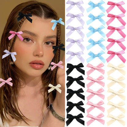 Picture of SAWINDA 30PCS Pink Satin Bow Hair Clips 6 Color Mini Bowknot Hair Ribbon Clips for Teens Cute Small Metal Y2k Claw Clips Hair Accessories for Women and Girls