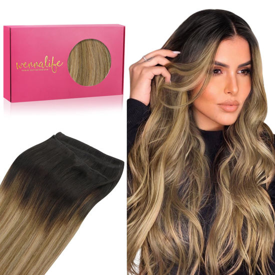 Picture of WENNALIFE Sew in Hair Extensions Real Human Hair, 20 Inch 100g Dark Brown to Chestnut Brown and Dirty Blonde Highlighted Machine Weft Hair Extensions Human Hair Hand Tied Weft Hair Extensions Sew In