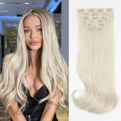 Picture of ALXNAN Clip in Hair Extension, 7PCS Hair Extension Thick Long Stright Layered Hair Extensions Platinum Blonde 20 Inch Invisible Lace Weft Hair Extensions for Women