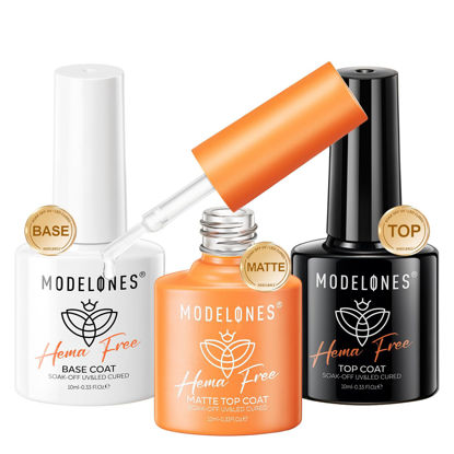 Picture of modelones Hema-Free Gel Top and Base Coat Set, 3 Pcs Clear Glossy Velvet Matte Gel Base Top Coat No Wipe Matte Gel Top Coat Long Lasting for Gel Polish Soak Off Nail Lamp Nail Art Home Salon Manicure