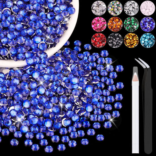 Picture of 4000PCS 4mm Resin Rhinestones in Bulk (Royal Blue), Bedazzling Flatback Crystals for Crafts DIY Nail Decoration, Gems Charms for Tumbler Shoes Clothing Fabric with Pickup Pen and Tweezers