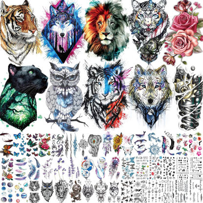 Picture of Bilizar 56 Sheets Watercolor Owl Tiger Lion Temporary Tattoos For Women Men Body Art Arm Thigh, 3D Long Lasting Realistic Fake Tattoo Sleeve Stickers For Adults, Wolf Fox Leopard Bulk Temp Tatoos Kids