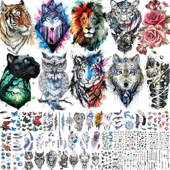 Picture of Bilizar 56 Sheets Watercolor Owl Tiger Lion Temporary Tattoos For Women Men Body Art Arm Thigh, 3D Long Lasting Realistic Fake Tattoo Sleeve Stickers For Adults, Wolf Fox Leopard Bulk Temp Tatoos Kids