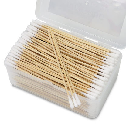 Picture of 500PCS 6" Cotton Swabs in Storage Box - Long Cotton Swab with Bamboo Handle - Lint Free Cotton Swabs with Wooden Sticks - Highly Absorbent Cotton Tipped Applicators for Makeup, Gun Cleaning, Pet Care