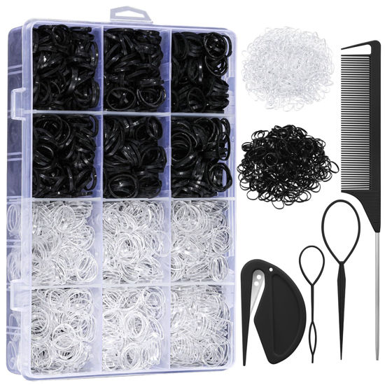Picture of 2200 Pcs Elastic Hair Bands with Hair Loop Styling Tool Set, Clear Mini Hair Bands and Black Elastic Hair Ties with Rubber Band Cutter Organizer Box Hair Accessories for Toddler Baby Girl Women
