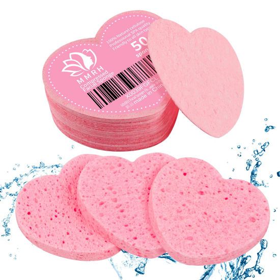 Picture of 50-Count Heart Shape Compressed Facial Sponges, 100% Natural Cosmetic Spa Sponges for Facial Cleansing for Daily Facial Cleansing, Exfoliating Mask, Makeup Remover. Ideal for Home and Travel.