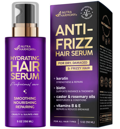 Picture of Hydrating Hair Serum for Frizzy and Damaged Hair - Keratin Hair Treatment for Dry Damaged Hair w/ Biotin, Castor Oil, Rosemary Oil, Hair Heat Protectant & Anti Frizz Hair Serum For Frizzy Hair, 5 Oz