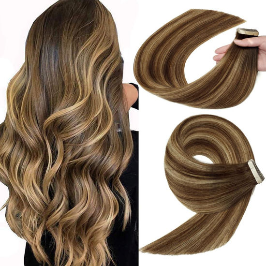 Picture of Remy Tape in Hair Extensions Human Hair, Chocolate Brown Mixed Honey Blonde Real Straight Tape ins Seamless Skin 14 Inch 20Pcs Human Hair Extensions Tape in(4/4/27#, 14 Inch)
