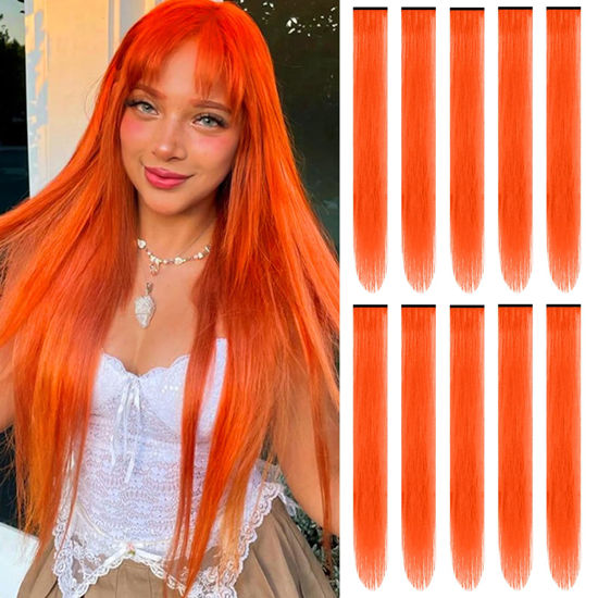 Picture of TOFAFA 22 inch Colored Hair Extensions, Multi-colors Party Highlights Clip in Synthetic Hairpiece for Halloween Girl Women Kids Party Gift(10 PCS Orange)