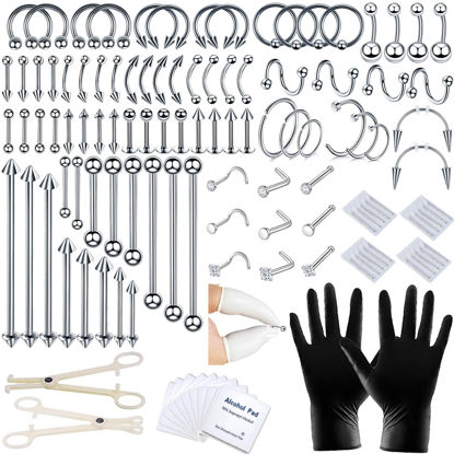 Picture of 120 PCS Body Piercing Kit Nose Stud Piercing Kits for All Body Piercings Stainless Steel Jewelry with 12G 14G 16G Piercing Needles for Ear Cartilage Tragus Nose Septum Lip Nipple Belly Button