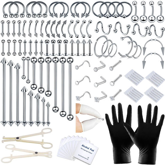 Picture of 120 PCS Body Piercing Kit Nose Stud Piercing Kits for All Body Piercings Stainless Steel Jewelry with 12G 14G 16G Piercing Needles for Ear Cartilage Tragus Nose Septum Lip Nipple Belly Button