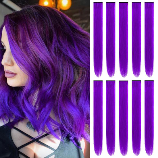 Picture of TOFAFA 22 inch Colored Hair Extensions Straight Hairpiece, Multi-colors Party Highlights Clip in Synthetic Hair Extensions for Women Kids Girls Favor Cosplay Gift (10pcs Purple)