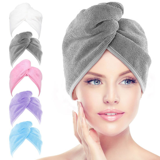 Picture of AIDEA Microfiber Hair Towel Wrap, 5 Pack Hair Turbans, Super Absorbent Quick Dry Hair Towel Wrap for All Hair Types Anti Frizz, Hair Accessories for Women, 26"×10"