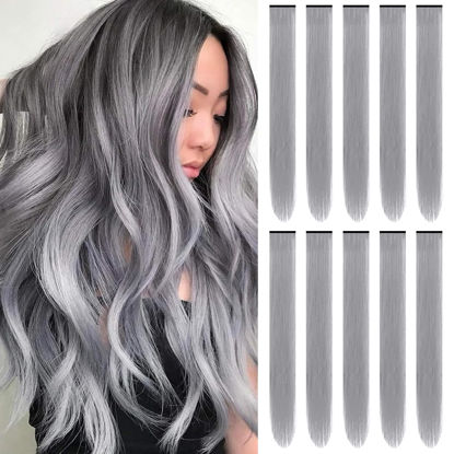 Picture of TOFAFA 22 inch Colored Hair Extensions Straight Hairpiece, Multi-colors Party Highlights Clip in Synthetic Hair Extensions for Girls Women Kids Favor Gift(10 PCS Grey)