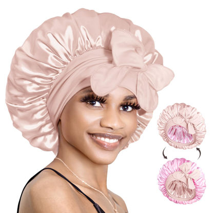 Picture of BONNET QUEEN Silk Bonnet for Sleeping Women Hair Bonnet Reversible Double Layer Satin Bonnet Tie Bonnet Sleep Satin Hair Wrap Night Cap for Curly Hair Jade Pink