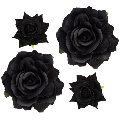 Picture of Topbuti Rose Hair Clip Flower Hairpin Rose Brooch Floral Clips, 4 Pcs Fabric Rose Flowers Hair Clips Mexican Hair Flowers Pin up Headpieces for Woman Girl Wedding Party Mother's Day (Black)