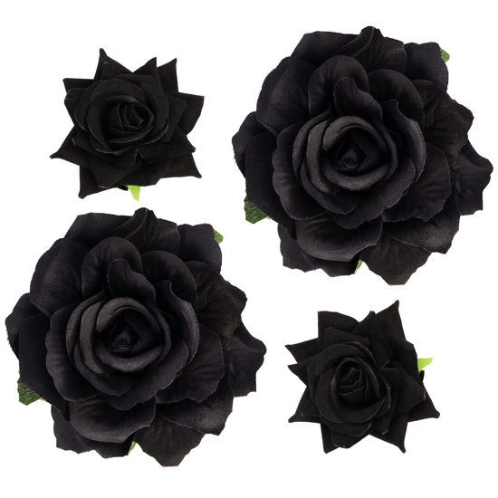 Picture of Topbuti Rose Hair Clip Flower Hairpin Rose Brooch Floral Clips, 4 Pcs Fabric Rose Flowers Hair Clips Mexican Hair Flowers Pin up Headpieces for Woman Girl Wedding Party Mother's Day (Black)