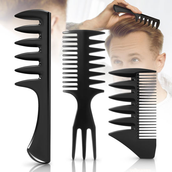 Picture of 3Pcs Hair Styling Combs Set For Men - Black Barber Wide Tooth Texture Comb For Quiff, Pompadour, Slicked-back, Fauxhawk, Undercut
