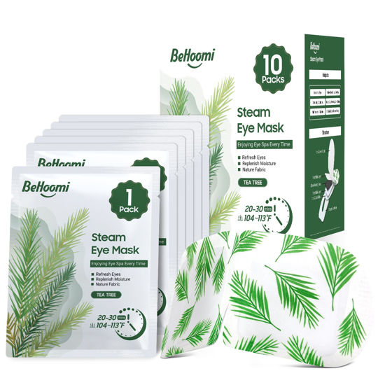 Picture of BeHoomi Steam Eye Mask, 10 Packs Heated Eye Mask, Self Heating Disposable SPA Warm Compress for Eyes Sleep Mask, Soothing Moist Heat Eye Masks, Travel Essentials & Relaxation Gifts (Tea Tree Scent)