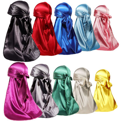 Picture of ForceWave 10 Pieces Silky Durags Long Tail for Women Men Satin Durag 360 wave，Dorag, 10 Colors