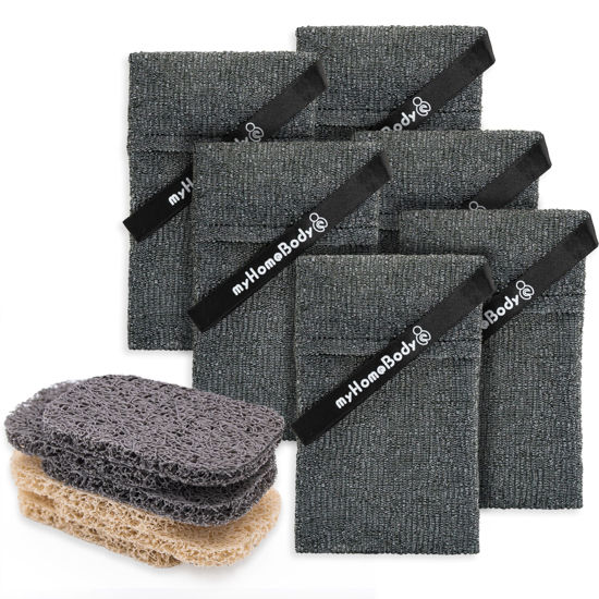 Picture of myHomeBody Soap Pocket Exfoliating Soap Saver Pouch, Body Scrubber Sponge, Exfoliator for Bath or Shower, for Large Bar Soap or Leftover Bits, Graphite Gray, 6 Pack + 6 Soap Lifting Pads
