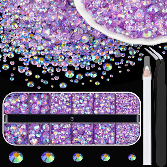 Picture of BELLEBOOST Resin Rhinestones Kits, 2/3/4/5/6mm Flatback Jelly Rhinestones, 1 Box Transparent Lavender Purple AB Non Hotfix Gems for DIY Crafts Mugs Bottles Tumblers Clothes Makeup Nail Manicure