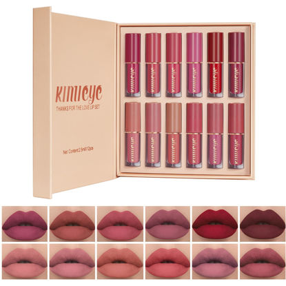 Picture of KIMIEYE 12 Colors Matte Liquid Lipstick Kit, Long Lasting Lip Tint, Waterproof Lip Stain, Non-Stick Cup Quick-dry Velvet Nude to Red Lipstick Makeup Set, Up to 24H Wear (SET B)