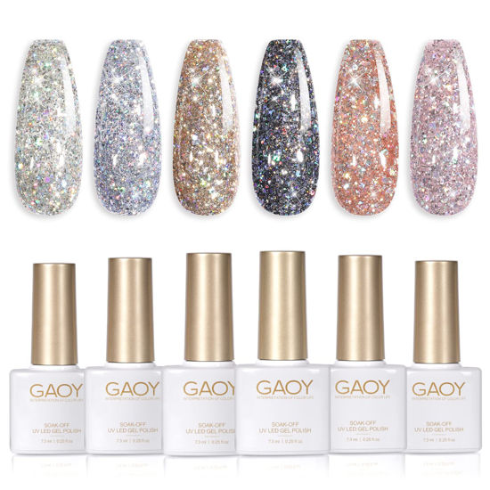 Picture of GAOY Chrome Platinum Glitter Nail Polish Set, 6 Colors Including Sparkly Shiny UV LED Soak Off Black Silver Pink Gel Polish Kit Home DIY Manicure Nail Salon Varnish