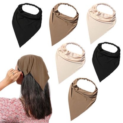 Picture of 6 Pack Hair Scarf Headband for Women - Elastic Hair Kerchief Large Boho Triangle Bandana Head Scarf with Clips Non Slip Solid Color Headbands Hair Scarves for Teen Girls