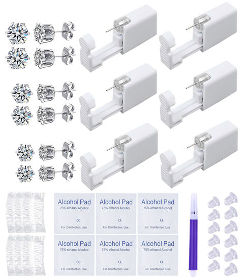 Picture of VitaCool Ear Piercing Kit Disposable Ear Cartilage Piercing Gun Kit with Sterile Multi-sized CZ Studs Easy and Safe Earring Self Piercing Kit for Yourself Use at Home (Style B-CZ-3/4/5mm-)
