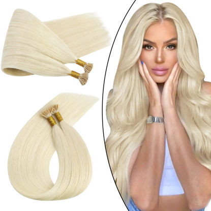 Picture of Ugeat 18 Inch I Tip Hair Extensions Human Hair #60 Platinum Blonde Itip Human Hair Extensions I Tip Extensions Human Hair Cold Fusion Hair Extensions Pre Bonded Extensions 50s