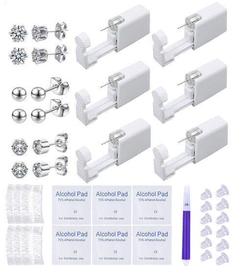 Picture of VitaCool 37 Pcs Ear Piercing Kit Disposable Ear Piercing Gun Kit with Sterile Multi-sized CZ Earring Studs Easy and Safe Earring Self Piercing Kit for Your Own Use at Home (3Mix-3mm-Silver-)
